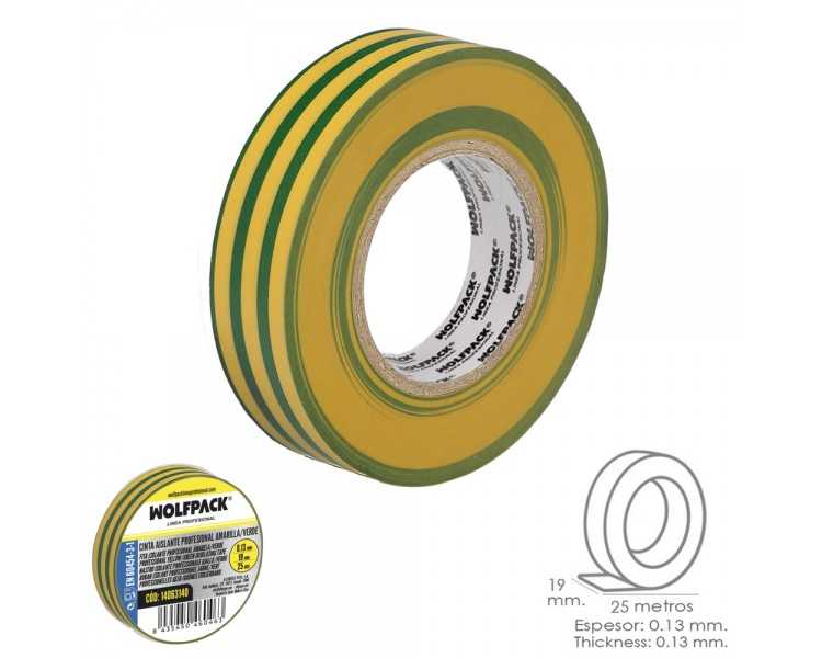 Cinta Aislante Profesional Amarilla/Verde Espesor 0.13 mm. Ancho 19 mm. Rollo 25 Metros Cinta Electricista, Cinta Aislante Cable