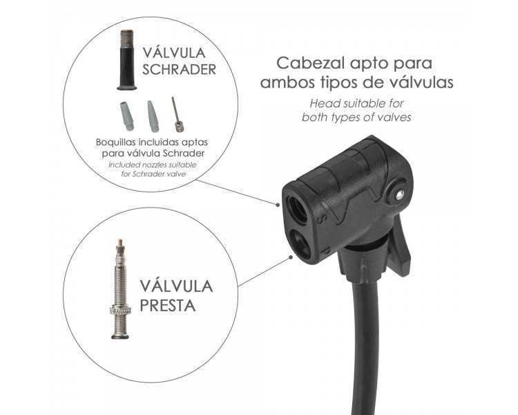 Bomba Aire Pie / Pedal Con Manometro 6  Bares Cuerpo Acero, Valvulas SCHRADER y PRESTA con Adaptadores. Bomba Bicicletas, Motos