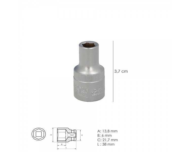 Llave Vaso 1/2" Hexagonal 8 mm. Perfil de 6 caras. Acero Cromo Vanadio, Aristas Redondas