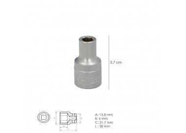 Llave Vaso 1/2" Hexagonal 8 mm. Perfil de 6 caras. Acero Cromo Vanadio, Aristas Redondas
