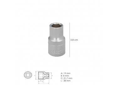 Llave Vaso 1/2" Hexagonal 13 mm. Perfil de 6 caras. Acero Cromo Vanadio, Aristas Redondas
