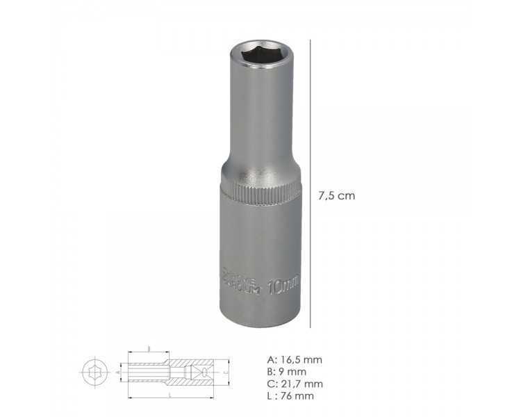 Llave Vaso 1/2" Hexagonal Larga 10 mm. Perfil de 6 caras. Acero Cromo Vanadio, Aristas Redondas