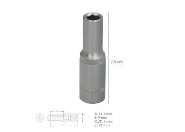 Llave Vaso 1/2" Hexagonal Larga 10 mm. Perfil de 6 caras. Acero Cromo Vanadio, Aristas Redondas