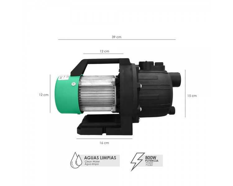 Bomba Aguas Limpias Superficie 800 W. 3.200 lts/hora, Profundidad 8 Mts, Elevación 40 mts. Presion Max: 4,0 Bares