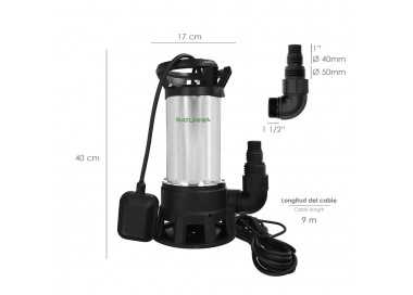 Bomba Aguas Sucias Sumergible Inoxidable 1.300 W. 25.000 lts/hora, Profundidad 7 Mts, Elevación 11 mts. Particulas max. Ø 38 mm.