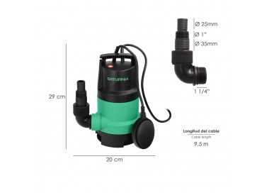 Bomba Aguas Sucias Sumergible 450 W. 8.000 lts/hora, Profundidad 5  Mts, Elevación 5,5 mts. Particulas max. Ø 30 mm.