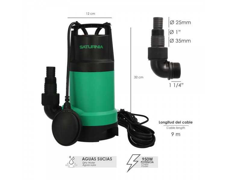 Bomba Aguas Sucias Sumergible 950 W. 14.000 lts/hora, Profundidad 7 Mts, Elevación 10 mts. Particulas max. Ø 30 mm.