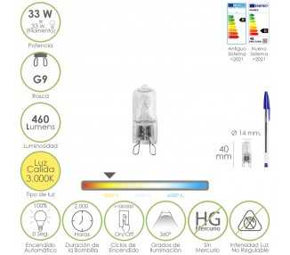 Bombilla Halogena G-9 33 W. 460 lumenes. Luz cálida (3.000ºK)