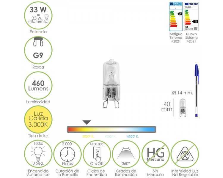 Bombilla Halogena G-9 33 W. 460 lumenes. Luz cálida (3.000ºK)