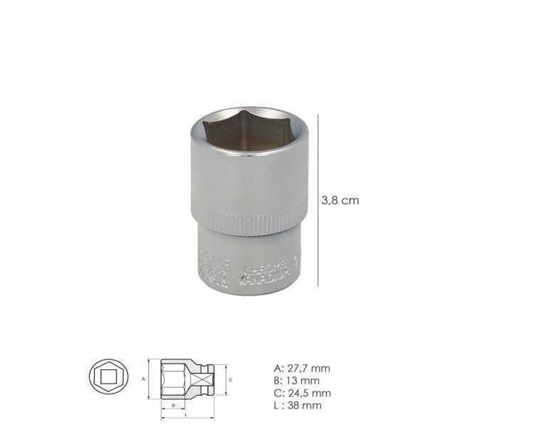 Llave Vaso 1/2" Hexagonal 21 mm. Perfil de 6 caras. Acero Cromo Vanadio, Aristas Redondas