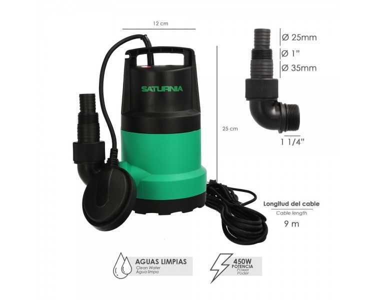 Bomba Aguas Limpias Sumergible 450W. 8.000 lts/hora, Profundidad 5 Mts, Elevación 5,5 mts.