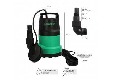 Bomba Aguas Limpias Sumergible 450W. 8.000 lts/hora, Profundidad 5 Mts, Elevación 5,5 mts.