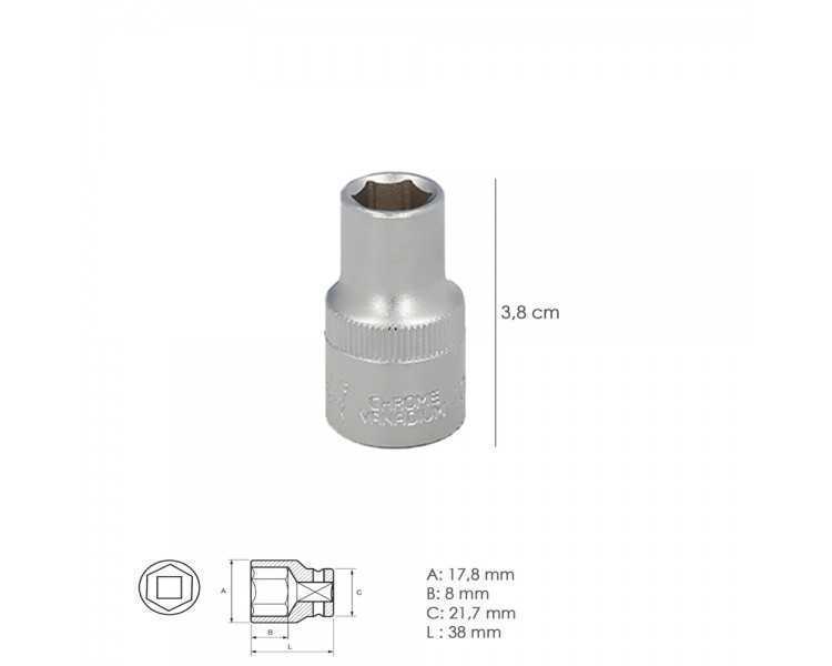 Llave Vaso 1/2" Hexagonal 12 mm. Perfil de 6 caras. Acero Cromo Vanadio, Aristas Redondas