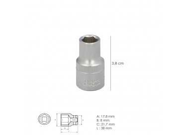 Llave Vaso 1/2" Hexagonal 12 mm. Perfil de 6 caras. Acero Cromo Vanadio, Aristas Redondas
