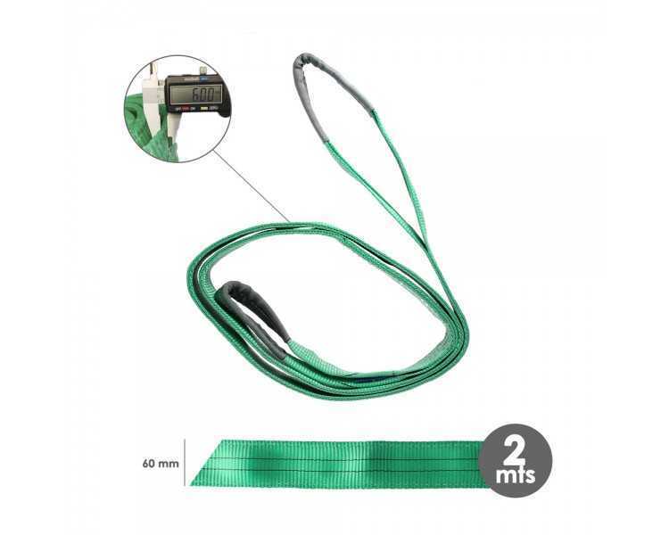 Eslinga Plana Doble Banda 2.000 Kg. Factor Seguridad 7:1, Longitud: 2 Metros Ancho 6 cm. 100% Poliester. Color Verde