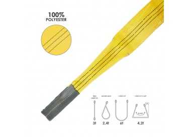 Eslinga Plana Doble Banda 3.000 Kg. Factor Seguridad 7:1, Longitud: 3 Metros Ancho 9 cm. 100% Poliester. Color Amarilla