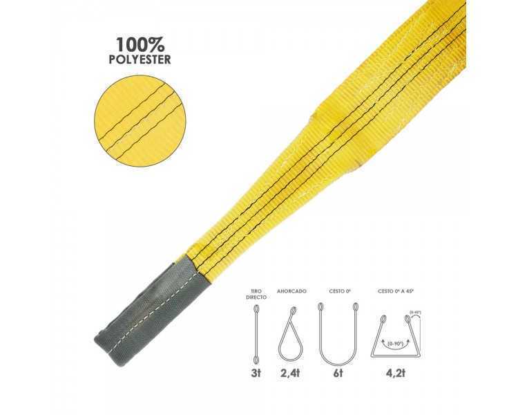 Eslinga Plana Doble Banda 3.000 Kg. Factor Seguridad 7:1, Longitud: 5 Metros Ancho 9 cm. 100% Poliester. Color Amarilla