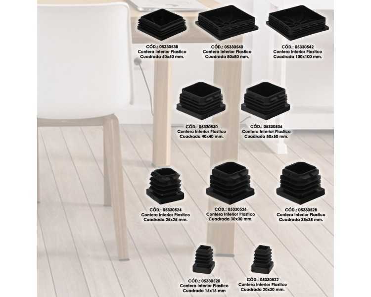 Contera Interior Plastico Cuadrada 20x20 mm. Color Negro. Bolsa 200 Unidades. Contera Mesa, Silla, Muebles, Estanteria
