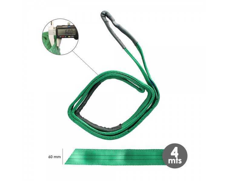 Eslinga Plana Doble Banda 2.000 Kg. Factor Seguridad 7:1, Longitud: 4 Metros Ancho 6 cm. 100% Poliester. Color Verde
