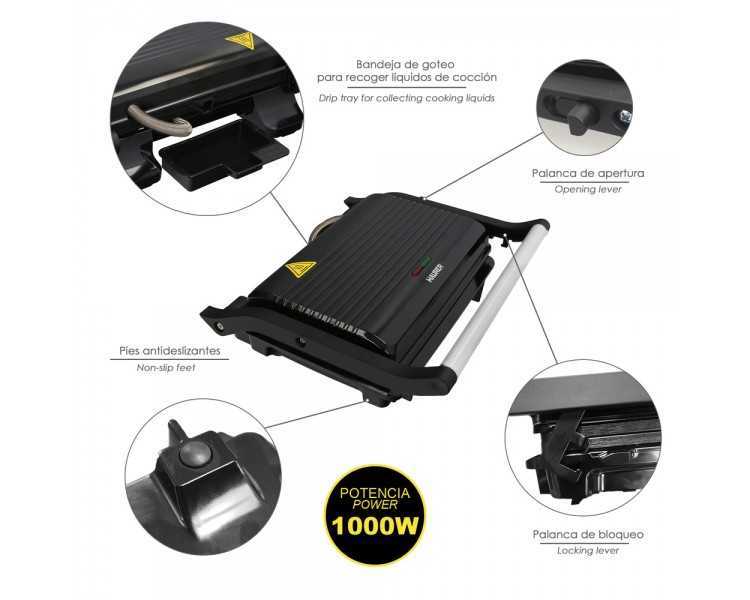 Sandwichera Grill Doble 1000w Parilla Eléctrica, Panini Press Grill, 1000w, Placa Antiadherente, Apertura 180º
