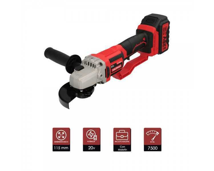 Amoladora A Bateria 20 Volt. Con Bateria 4.0 Ah. Ø 115 mm. 7.000 R.P.M. Mango 3 Posiciones Eje M14 Protector Disco Ajustable