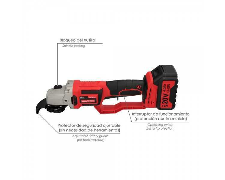 Amoladora A Bateria 20 Volt. Con Bateria 4.0 Ah. Ø 115 mm. 7.000 R.P.M. Mango 3 Posiciones Eje M14 Protector Disco Ajustable