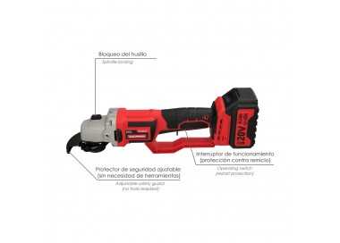 Amoladora A Bateria 20 Volt. Con Bateria 4.0 Ah. Ø 115 mm. 7.000 R.P.M. Mango 3 Posiciones Eje M14 Protector Disco Ajustable