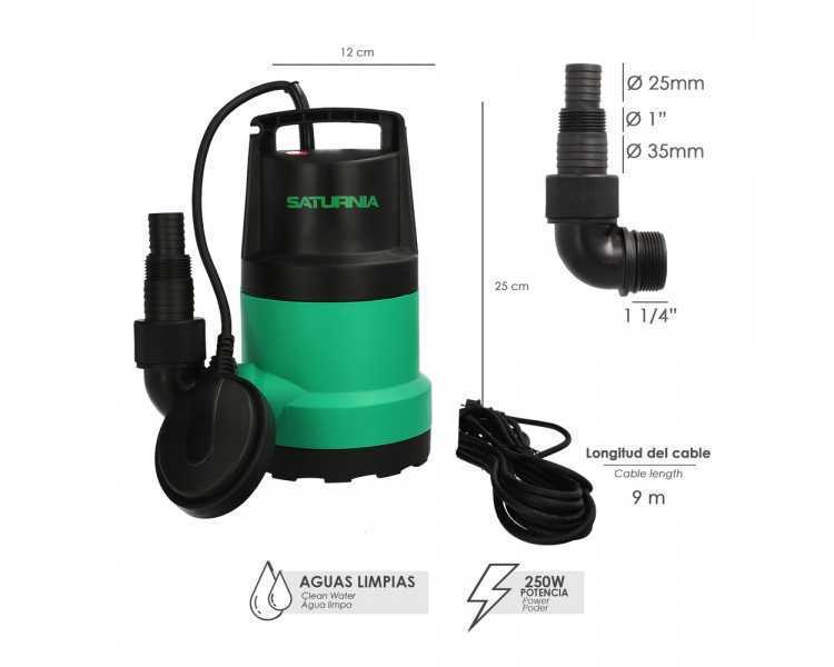 Bomba Aguas Limpias Sumergible 250 Watt. 5.500 lts/hora, Profundidad 5 Mts, Elevación 4,5 mts. Particulas max. Ø 2-3 mm.