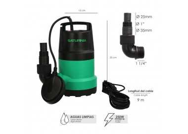 Bomba Aguas Limpias Sumergible 250 Watt. 5.500 lts/hora, Profundidad 5 Mts, Elevación 4,5 mts. Particulas max. Ø 2-3 mm.