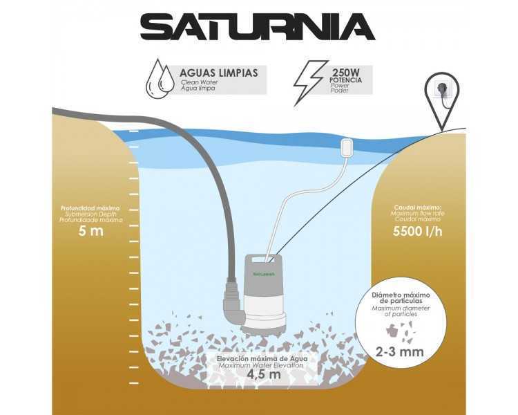 Bomba Aguas Limpias Sumergible 250 Watt. 5.500 lts/hora, Profundidad 5 Mts, Elevación 4,5 mts. Particulas max. Ø 2-3 mm.