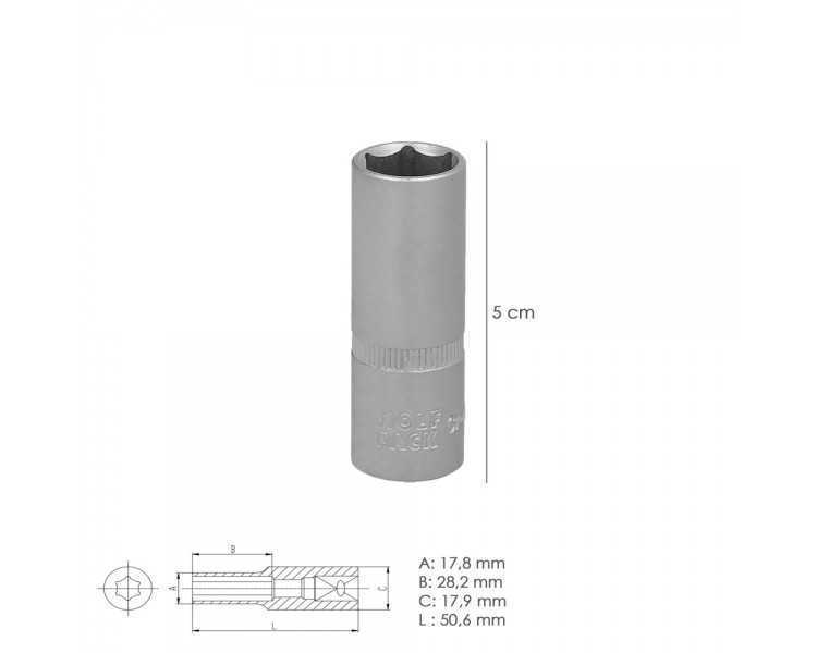 Llave Vaso 1/4" Hexagonal Larga 13 mm. Perfil de 6 caras. Acero Cromo Vanadio, Aristas Redondas