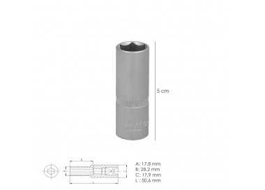 Llave Vaso 1/4" Hexagonal Larga 13 mm. Perfil de 6 caras. Acero Cromo Vanadio, Aristas Redondas