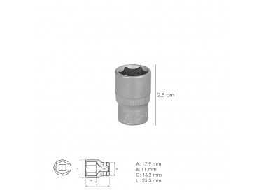 Llave Vaso 1/4" Hexagonal 13 mm. Perfil de 6 caras. Acero Cromo Vanadio, Aristas Redondas