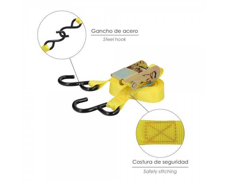 Cinta De Amarre Con Ratchet 4 metros x 25 mm. Trinquete Metalico Automatico, Cincha, Eslinga Mercancia, Correa Sujeción (Pack 2)