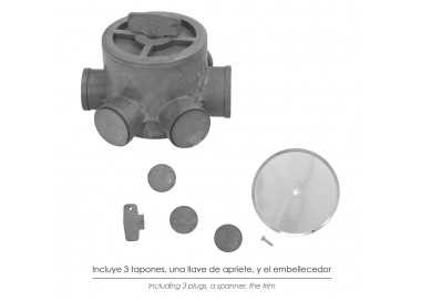 Bote Sifónico PVC Tuberias Ø 110 mm. Salidas Ø 50 y 40 mm. Altura 105 mm.