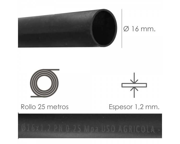 Tuberia De Riego Por Goteo Ø 16 mm. Espesor Tubo 1,2 mm. Uso Agricola 25 Metros