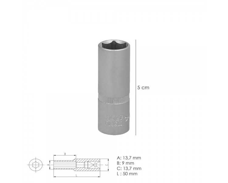 Llave Vaso 1/4" Hexagonal Larga 10 mm. Perfil de 6 caras. Acero Cromo Vanadio, Aristas Redondas