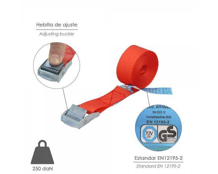 Cinta De Amarre Con Trinquete 2,5 metros x 25 mm. Trinquete Metalico Automatico, Cincha, Eslinga Mercancia, Correa Sujeción