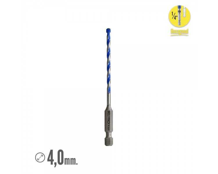 Broca Universal Hexagonal  Ø 4,0 mm. (Blister 1 Pieza) Broca Azulejos, Cerámica, Mármol, Hormigón, Metal, Madera, Plástico