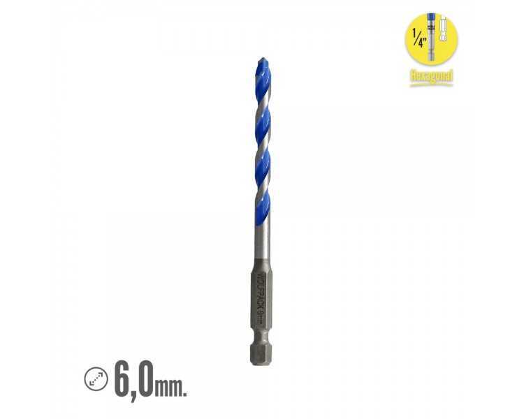 Broca Universal Hexagonal  Ø 6,0 mm. (Blister 1 Pieza) Broca Azulejos, Cerámica, Mármol, Hormigón, Metal, Madera, Plástico