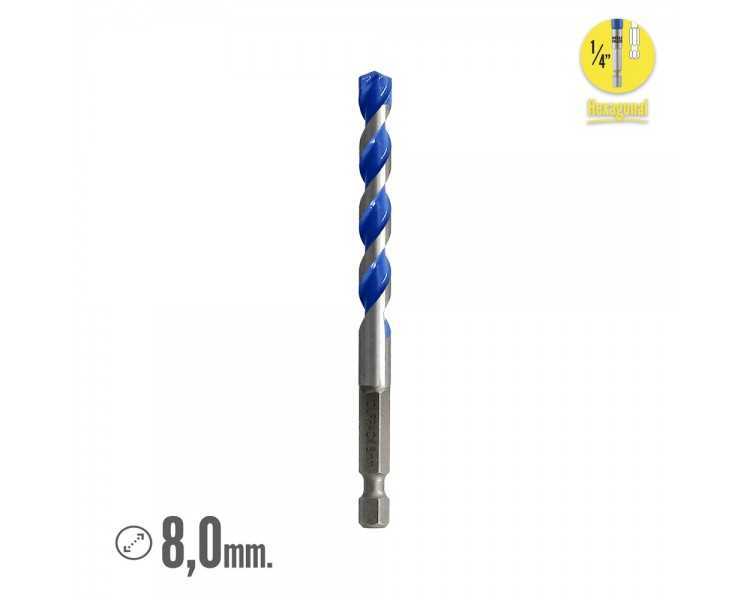 Broca Universal Hexagonal  Ø 8,0 mm. (Blister 1 Pieza) Broca Azulejos, Cerámica, Mármol, Hormigón, Metal, Madera, Plástico