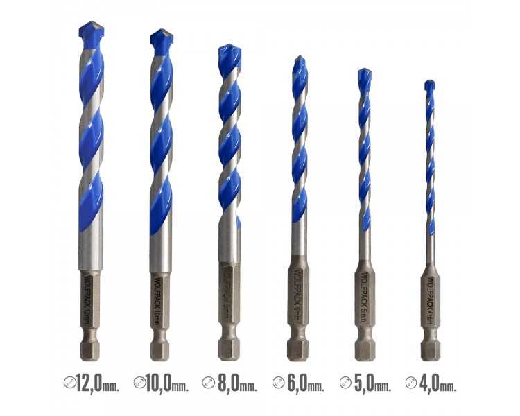 Estuche 5 Brocas Universal Hexagonal  Ø 4 / 5 / 6 / 8 10 mm. Broca Azulejos, Cerámica, Mármol, Hormigón, Metal, Madera, Plástico