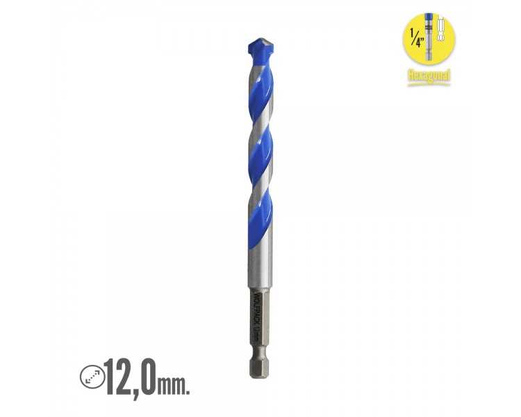 Broca Universal Hexagonal  Ø 12,0 mm. (Blister 1 Pieza) Broca Azulejos, Cerámica, Mármol, Hormigón, Metal, Madera, Plástico