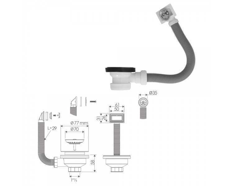 Valvula Fregadero  Ø70 mm. 1 1/2" Con Rebosadero