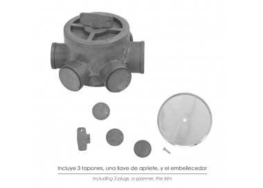 Bote Sifónico PVC Tuberias Ø 110 mm. Salidas Ø 50 y 40 mm. Altura 90 mm.