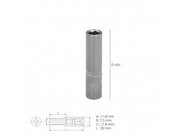 Llave Vaso 1/4" Hexagonal Larga 8 mm. Perfil de 6 caras. Acero Cromo Vanadio, Aristas Redondas