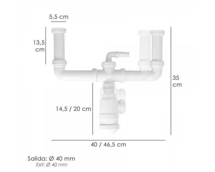 Sifon Doble Extensible Con Doble Evacuación. Salida 1 1/2" Salida Ø 40 mm.