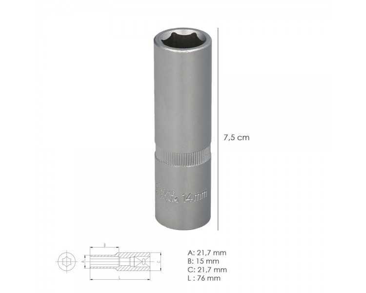 Llave Vaso 1/2" Hexagonal Larga 14 mm. Perfil de 6 caras. Acero Cromo Vanadio, Aristas Redondas