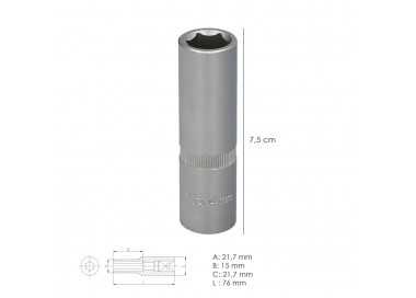 Llave Vaso 1/2" Hexagonal Larga 14 mm. Perfil de 6 caras. Acero Cromo Vanadio, Aristas Redondas