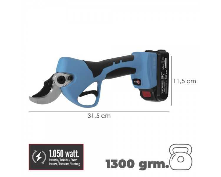 Tijeras Podar A Bateria 21 Volt. Con 2 Baterias 2 A/h Mango Engomado, Ø Corte 40 mm.Con Maletín